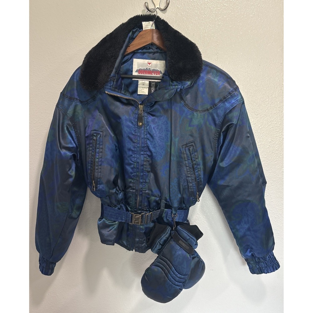 Vintage 90s Obermeyer Ski Jacket Thermolite‎ Womans Sz8 peacock Blue & gloves